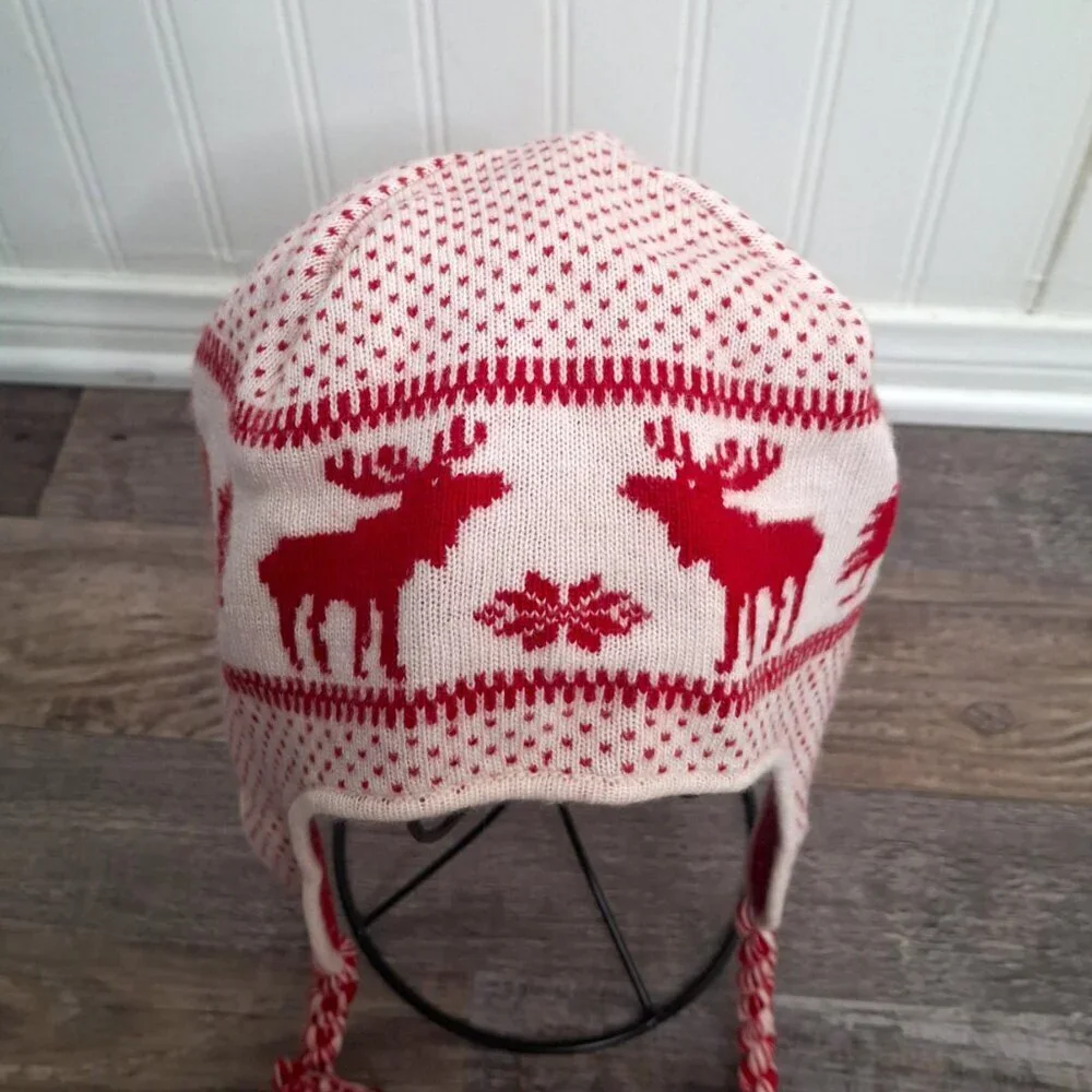 Abercrombie & Fitch Earflap Beanie Sz O/S Moose Wool Blend Pom Pom Fair Isle